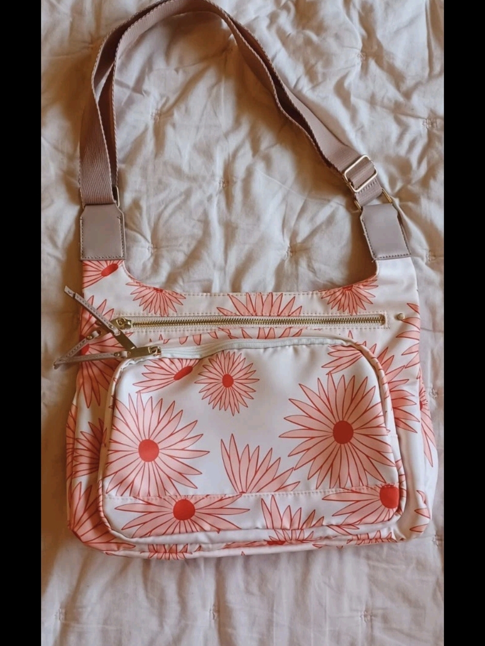 Super cute nylon peach, pink, cream, beige floral convertible messenger Purse - Picture 4 of 8